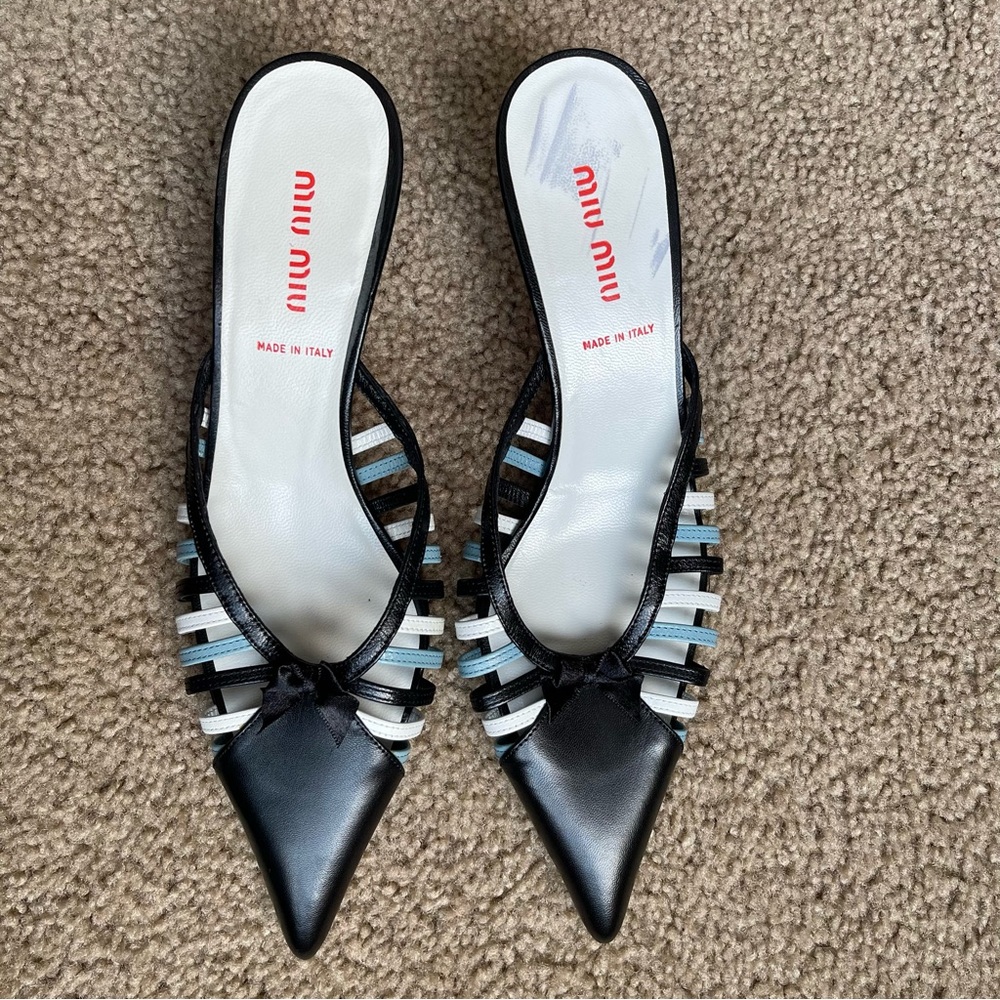 Miu Miu Blue/Black Leather Low Heeled Slides Sz 37 - image 5